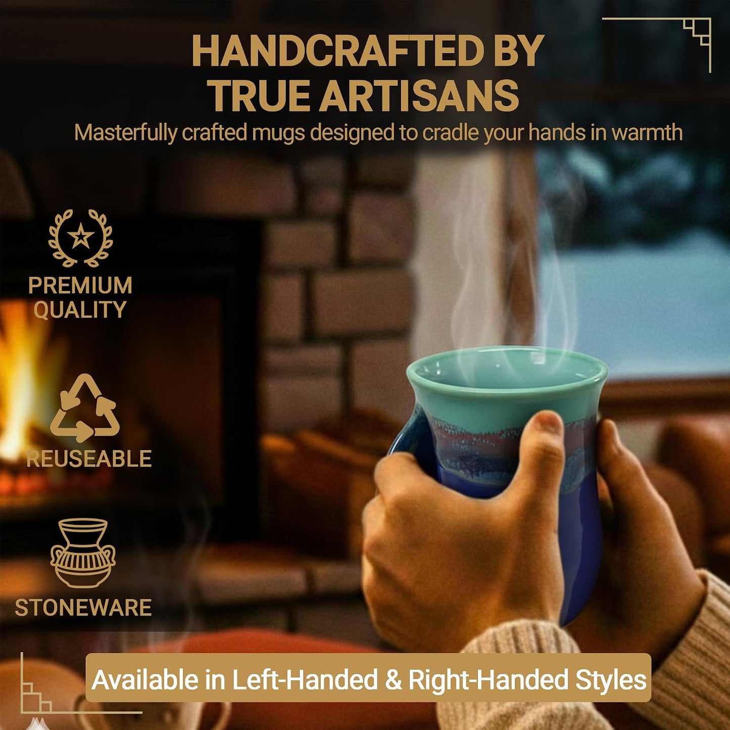 Hand Warmer Coffee Mug – Handmade Coffee Mug With Comfortable Handle Contoured Pocket Hand Warming Ceramic Coffee Mug – Proudly Made in USA – Right Handed – 14 Oz - Cobalt Canyon