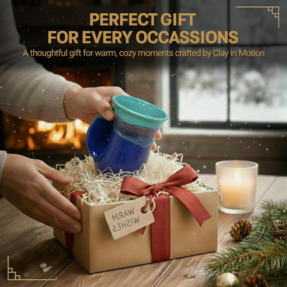 Hand Warmer Coffee Mug – Handmade Coffee Mug With Comfortable Handle Contoured Pocket Hand Warming Ceramic Coffee Mug – Proudly Made in USA – Right Handed – 14 Oz - Cobalt Canyon