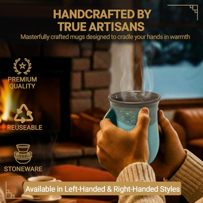 Hand Warmer Coffee Mug – Handmade Coffee Mug With Comfortable Handle Contoured Pocket Hand Warming Ceramic Coffee Mug – Proudly Made in USA – Right Handed – 14 Oz - Cobalt Canyon