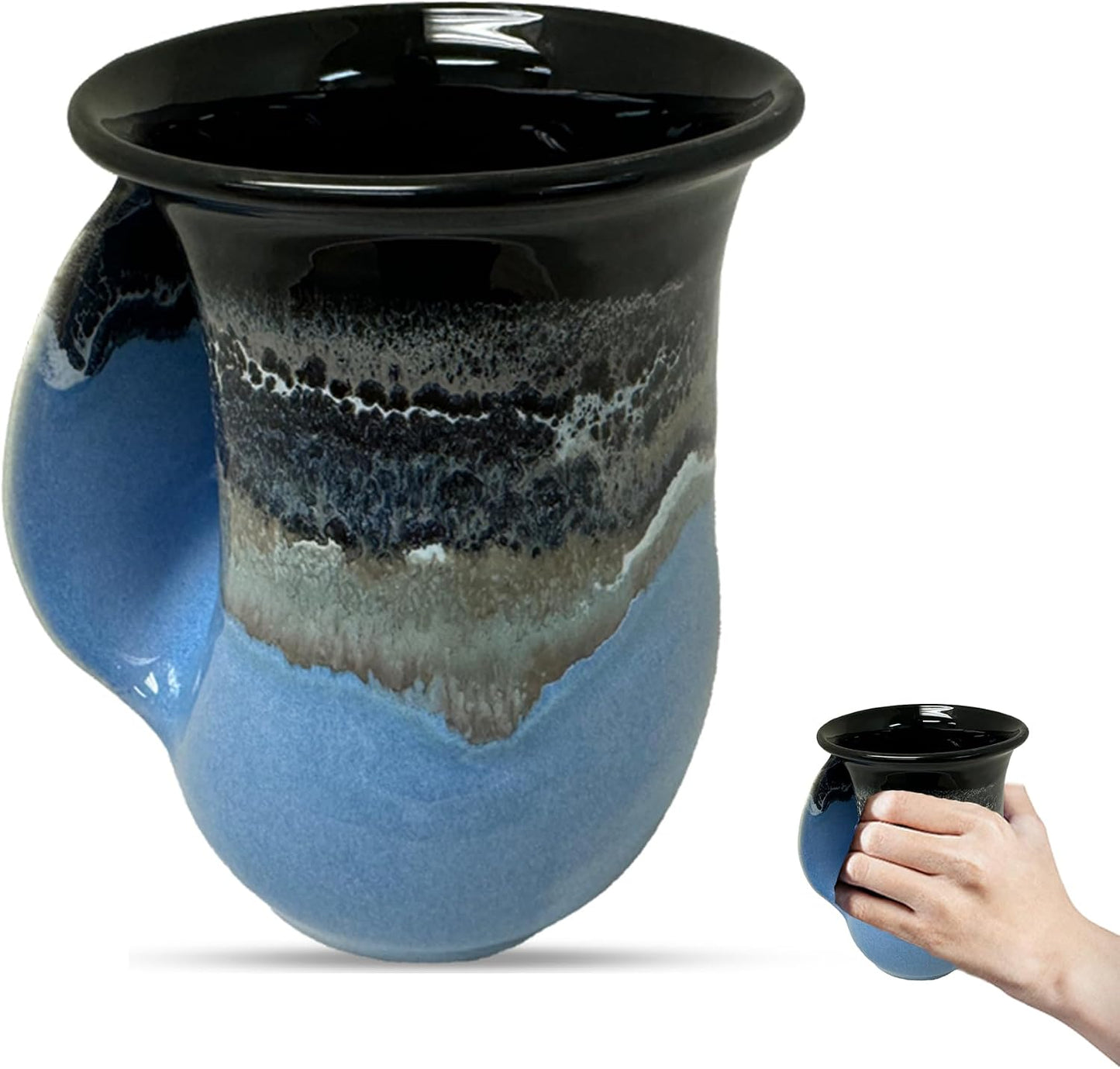 Hand Warmer Coffee Mug – Handmade Coffee Mug With Comfortable Handle Contoured Pocket Hand Warming Ceramic Coffee Mug – Proudly Made in USA – Right Handed – 14 Oz - Cobalt Canyon