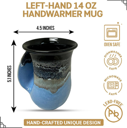 Hand Warmer Coffee Mug – Handmade Coffee Mug With Comfortable Handle Contoured Pocket Hand Warming Ceramic Coffee Mug – Proudly Made in USA – Right Handed – 14 Oz - Cobalt Canyon