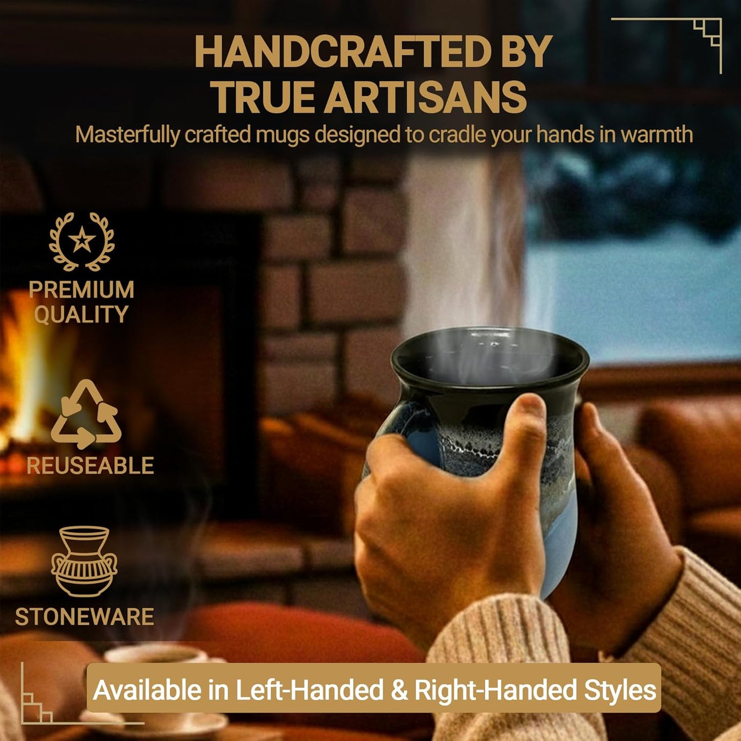 Hand Warmer Coffee Mug – Handmade Coffee Mug With Comfortable Handle Contoured Pocket Hand Warming Ceramic Coffee Mug – Proudly Made in USA – Right Handed – 14 Oz - Cobalt Canyon