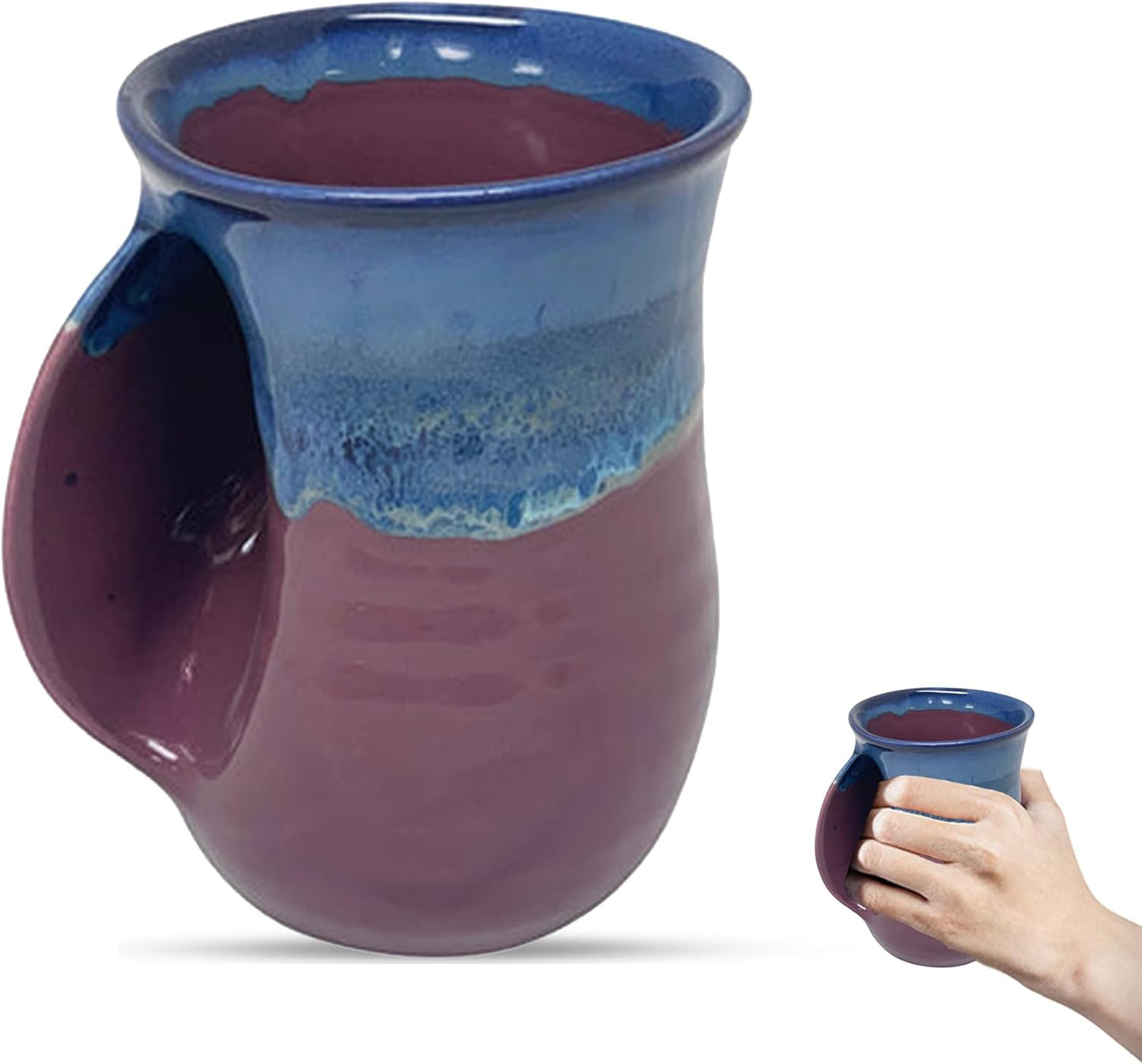 Hand Warmer Coffee Mug – Handmade Coffee Mug With Comfortable Handle Contoured Pocket Hand Warming Ceramic Coffee Mug – Proudly Made in USA – Right Handed – 14 Oz - Cobalt Canyon