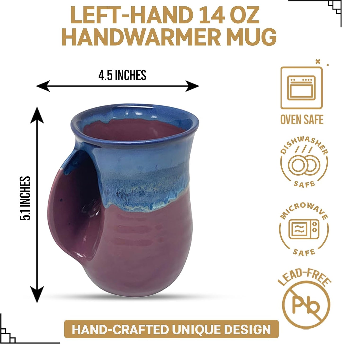 Hand Warmer Coffee Mug – Handmade Coffee Mug With Comfortable Handle Contoured Pocket Hand Warming Ceramic Coffee Mug – Proudly Made in USA – Right Handed – 14 Oz - Cobalt Canyon