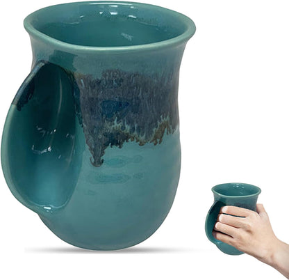 Hand Warmer Coffee Mug – Handmade Coffee Mug With Comfortable Handle Contoured Pocket Hand Warming Ceramic Coffee Mug – Proudly Made in USA – Right Handed – 14 Oz - Cobalt Canyon