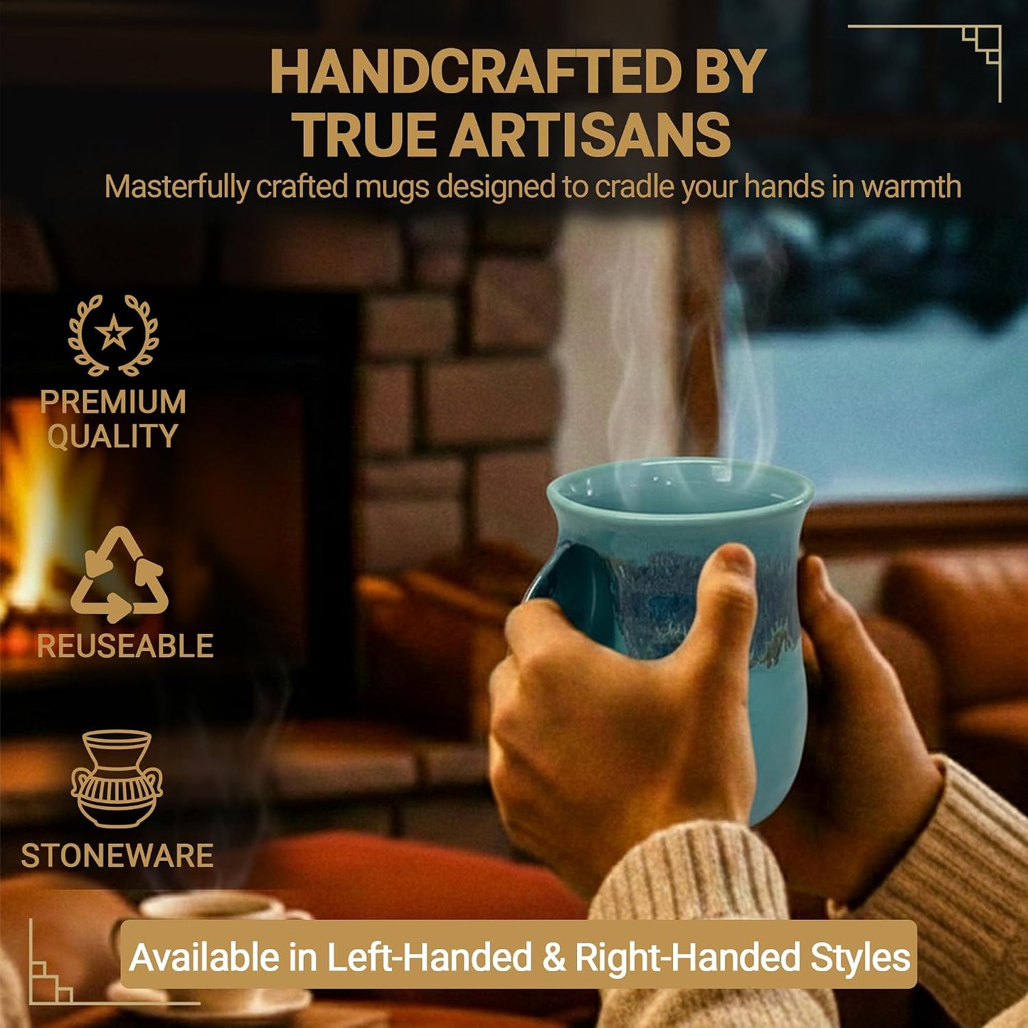 Hand Warmer Coffee Mug – Handmade Coffee Mug With Comfortable Handle Contoured Pocket Hand Warming Ceramic Coffee Mug – Proudly Made in USA – Right Handed – 14 Oz - Cobalt Canyon