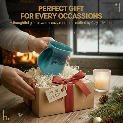 Hand Warmer Coffee Mug – Handmade Coffee Mug With Comfortable Handle Contoured Pocket Hand Warming Ceramic Coffee Mug – Proudly Made in USA – Right Handed – 14 Oz - Cobalt Canyon