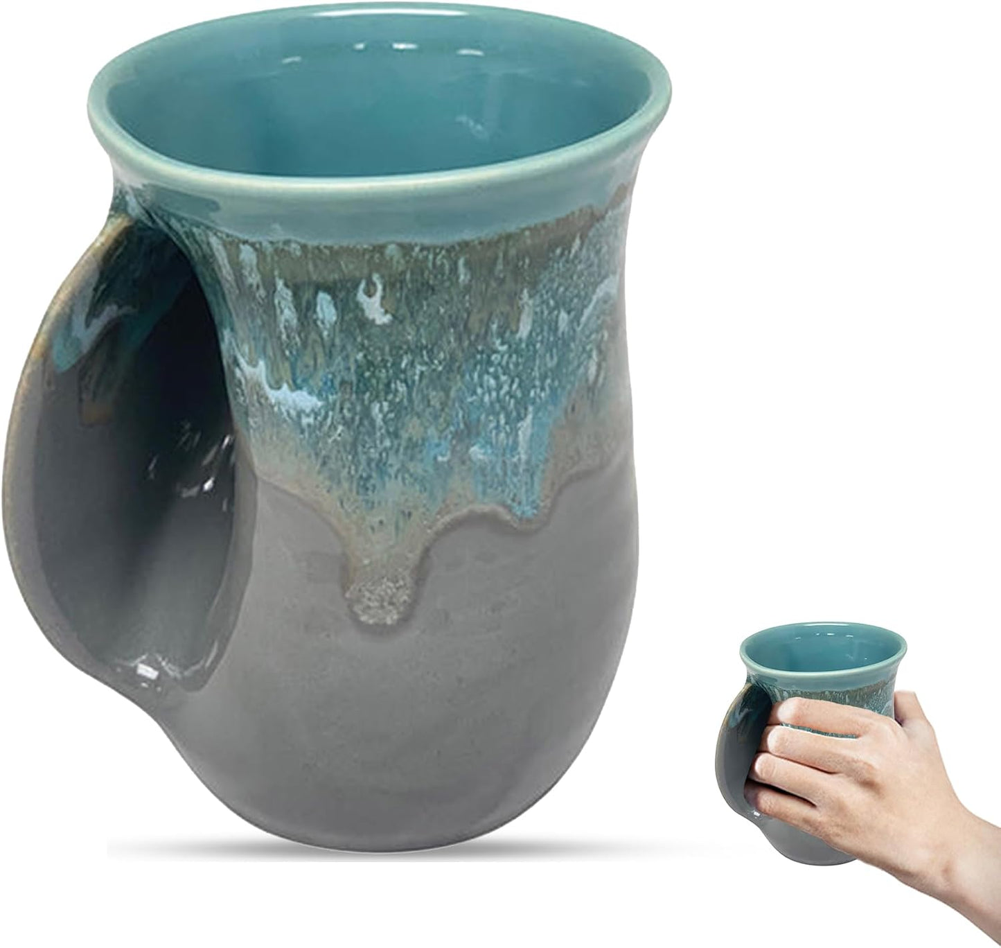 Hand Warmer Coffee Mug – Handmade Coffee Mug With Comfortable Handle Contoured Pocket Hand Warming Ceramic Coffee Mug – Proudly Made in USA – Right Handed – 14 Oz - Cobalt Canyon