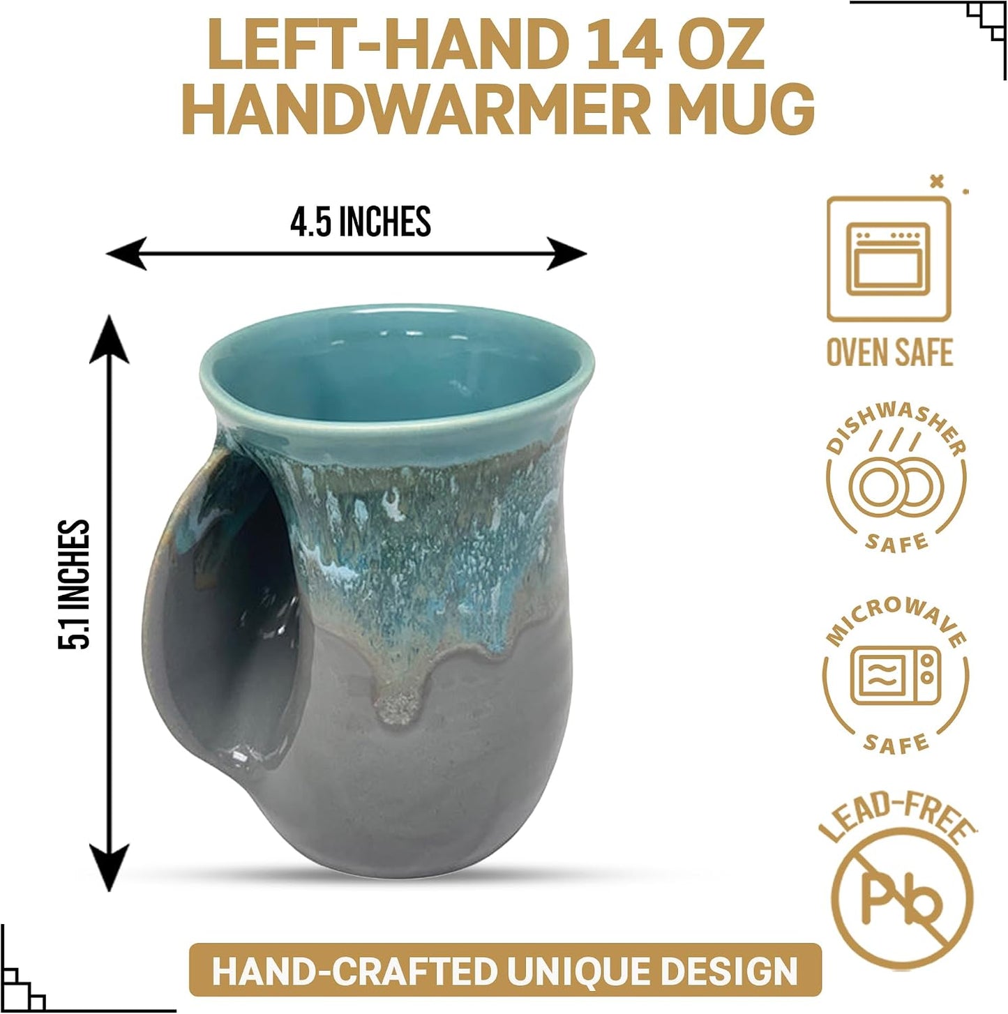 Hand Warmer Coffee Mug – Handmade Coffee Mug With Comfortable Handle Contoured Pocket Hand Warming Ceramic Coffee Mug – Proudly Made in USA – Right Handed – 14 Oz - Cobalt Canyon