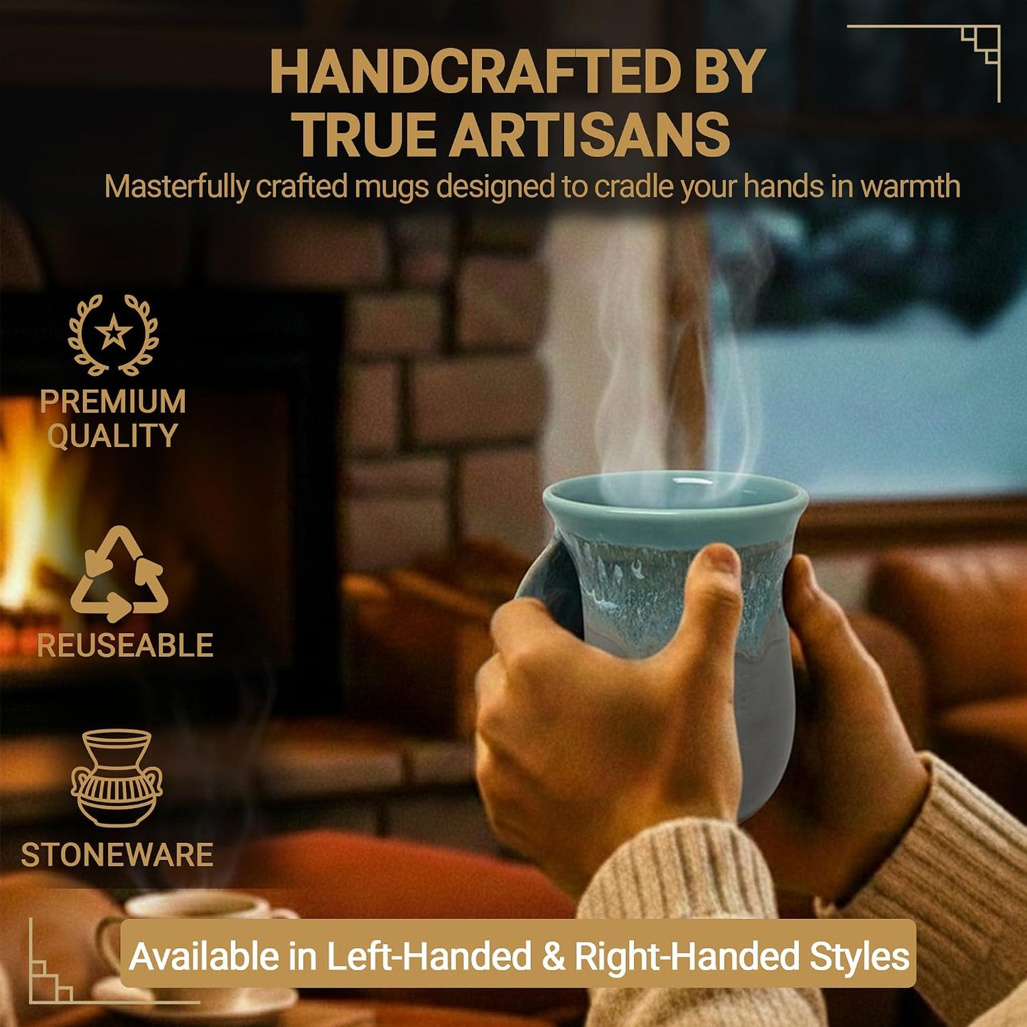 Hand Warmer Coffee Mug – Handmade Coffee Mug With Comfortable Handle Contoured Pocket Hand Warming Ceramic Coffee Mug – Proudly Made in USA – Right Handed – 14 Oz - Cobalt Canyon