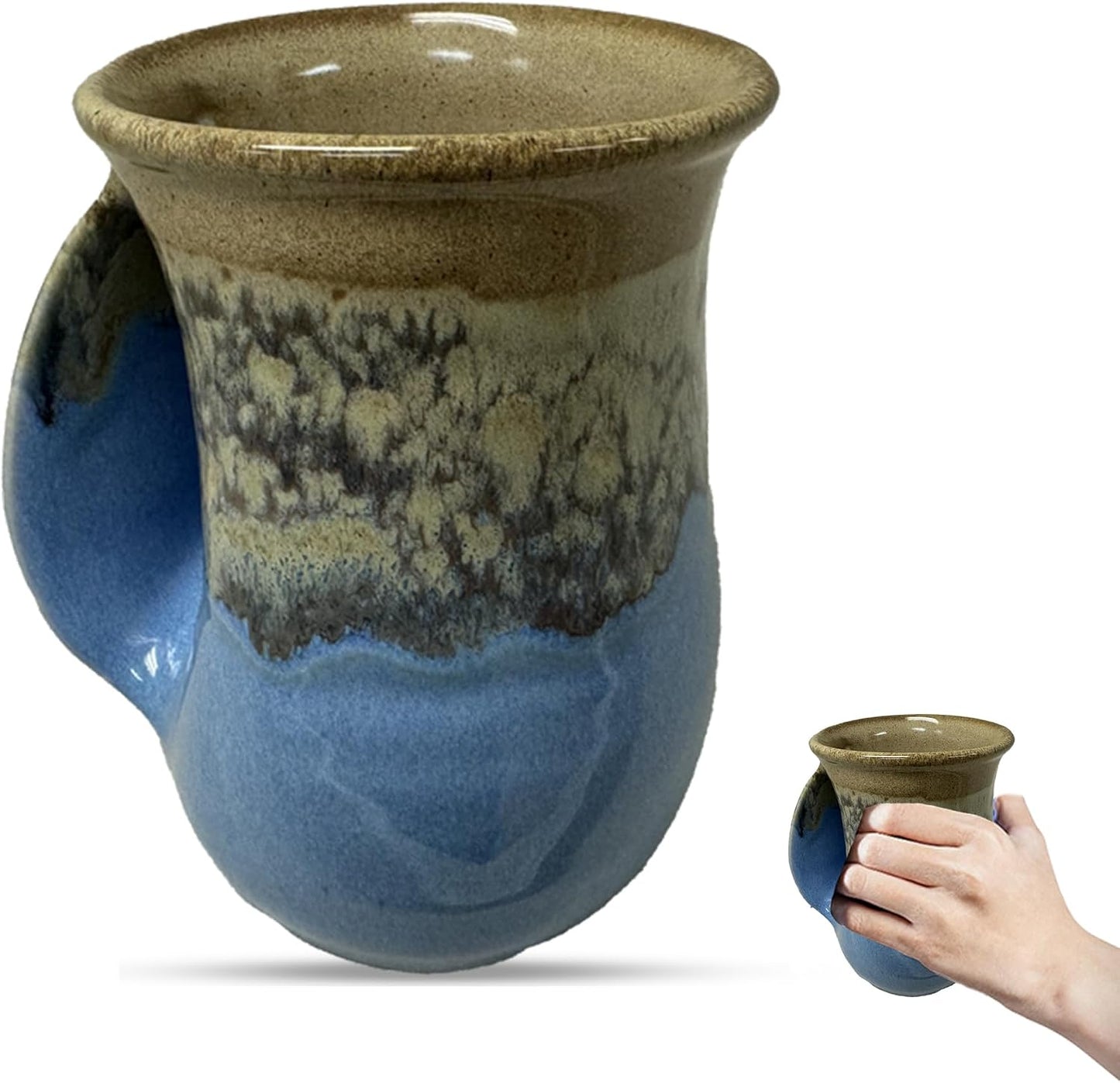 Hand Warmer Coffee Mug – Handmade Coffee Mug With Comfortable Handle Contoured Pocket Hand Warming Ceramic Coffee Mug – Proudly Made in USA – Right Handed – 14 Oz - Cobalt Canyon