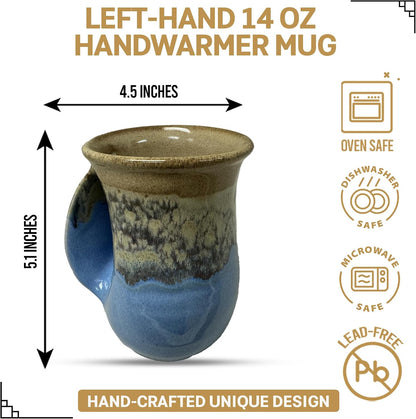 Hand Warmer Coffee Mug – Handmade Coffee Mug With Comfortable Handle Contoured Pocket Hand Warming Ceramic Coffee Mug – Proudly Made in USA – Right Handed – 14 Oz - Cobalt Canyon