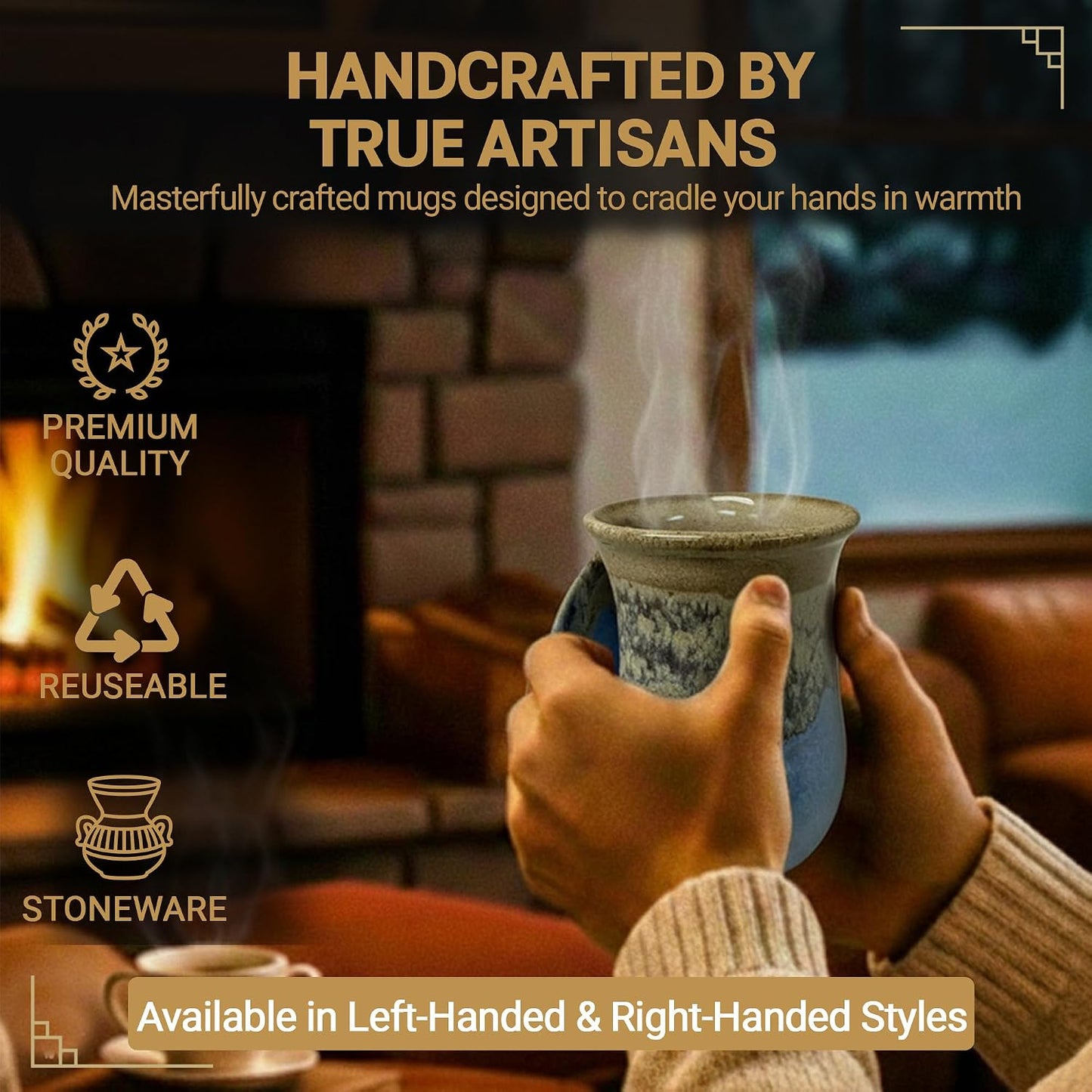 Hand Warmer Coffee Mug – Handmade Coffee Mug With Comfortable Handle Contoured Pocket Hand Warming Ceramic Coffee Mug – Proudly Made in USA – Right Handed – 14 Oz - Cobalt Canyon