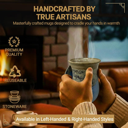 Hand Warmer Coffee Mug – Handmade Coffee Mug With Comfortable Handle Contoured Pocket Hand Warming Ceramic Coffee Mug – Proudly Made in USA – Right Handed – 14 Oz - Cobalt Canyon