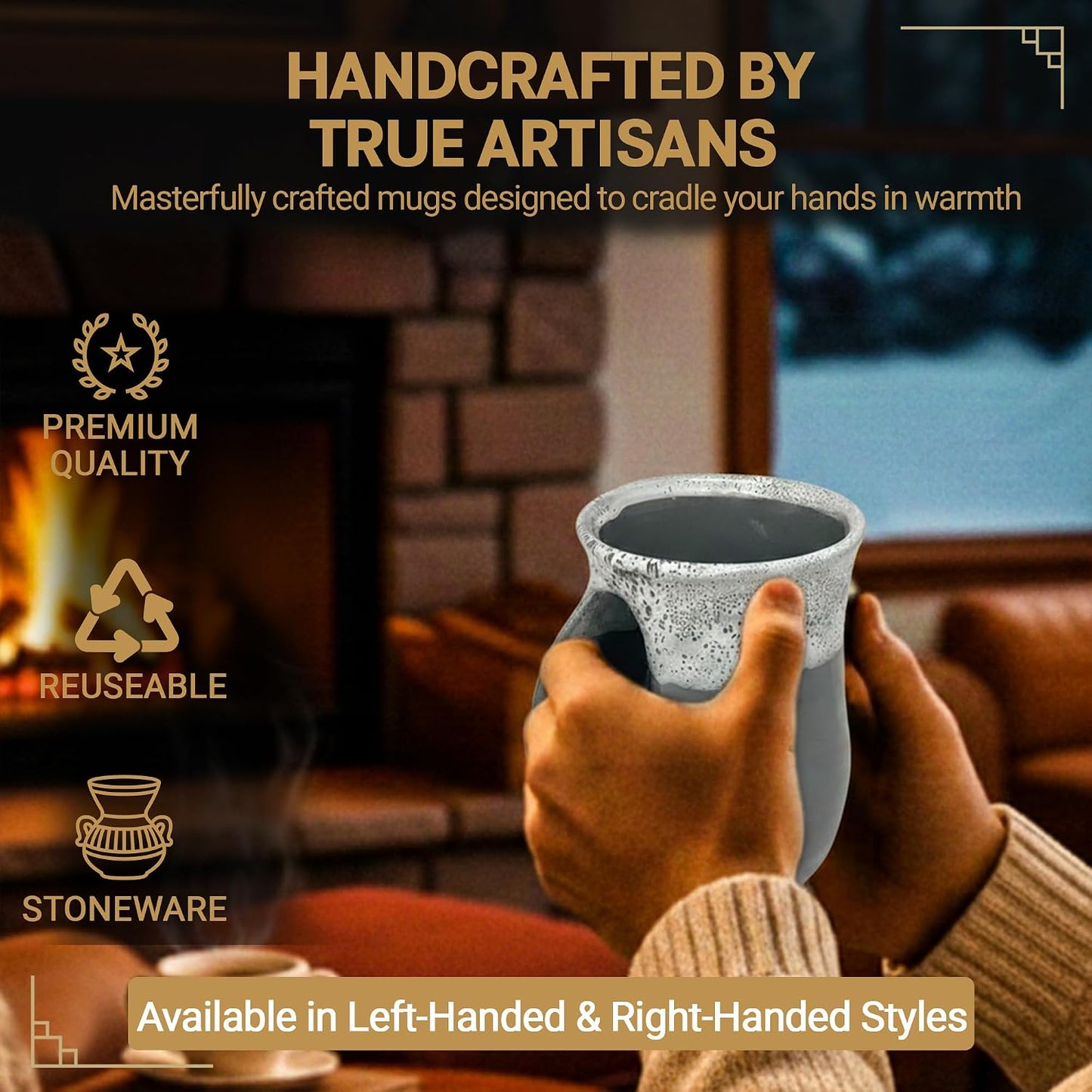 Hand Warmer Coffee Mug – Handmade Coffee Mug With Comfortable Handle Contoured Pocket Hand Warming Ceramic Coffee Mug – Proudly Made in USA – Right Handed – 14 Oz - Cobalt Canyon