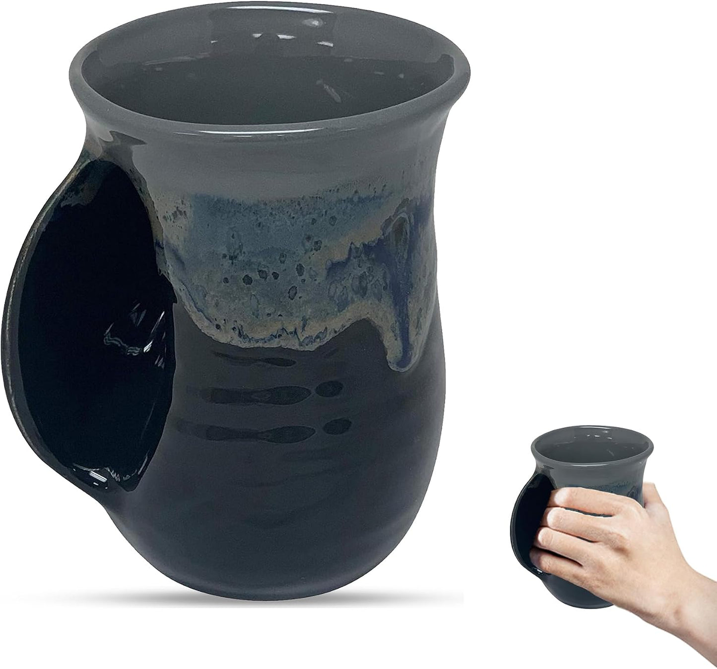 Hand Warmer Coffee Mug – Handmade Coffee Mug With Comfortable Handle Contoured Pocket Hand Warming Ceramic Coffee Mug – Proudly Made in USA – Right Handed – 14 Oz - Cobalt Canyon