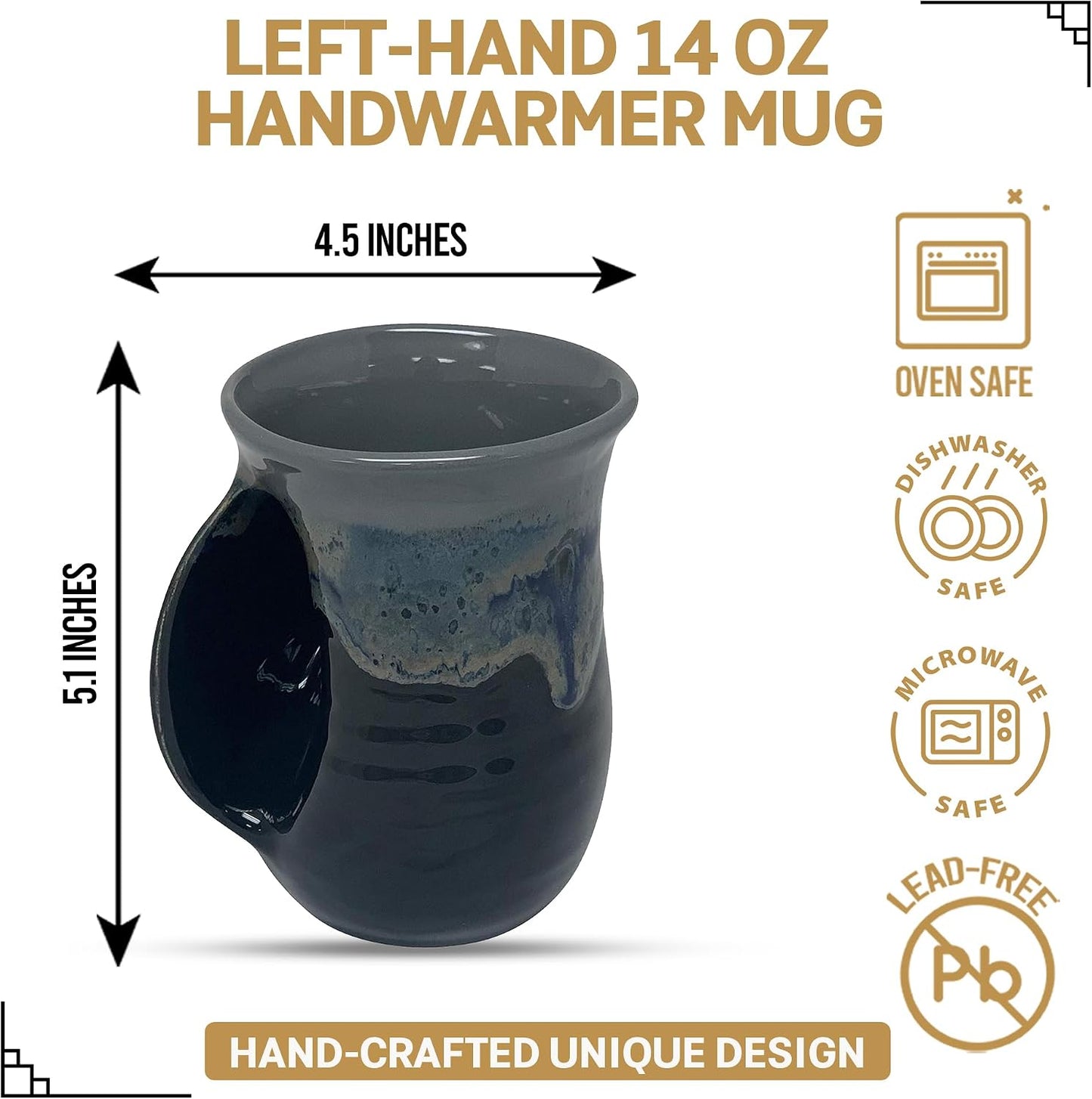 Hand Warmer Coffee Mug – Handmade Coffee Mug With Comfortable Handle Contoured Pocket Hand Warming Ceramic Coffee Mug – Proudly Made in USA – Right Handed – 14 Oz - Cobalt Canyon