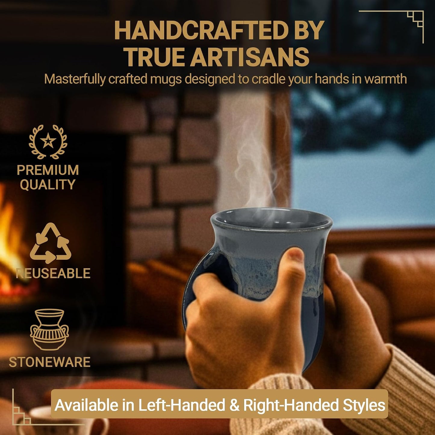 Hand Warmer Coffee Mug – Handmade Coffee Mug With Comfortable Handle Contoured Pocket Hand Warming Ceramic Coffee Mug – Proudly Made in USA – Right Handed – 14 Oz - Cobalt Canyon
