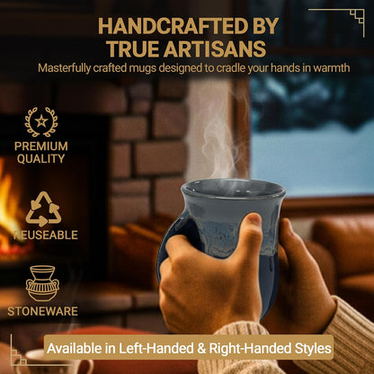 Hand Warmer Coffee Mug – Handmade Coffee Mug With Comfortable Handle Contoured Pocket Hand Warming Ceramic Coffee Mug – Proudly Made in USA – Right Handed – 14 Oz - Cobalt Canyon
