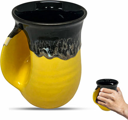 Hand Warmer Coffee Mug – Handmade Coffee Mug With Comfortable Handle Contoured Pocket Hand Warming Ceramic Coffee Mug – Proudly Made in USA – Right Handed – 14 Oz - Cobalt Canyon