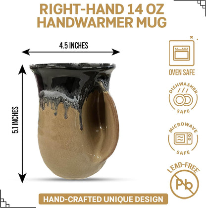 Hand Warmer Coffee Mug – Handmade Coffee Mug With Comfortable Handle Contoured Pocket Hand Warming Ceramic Coffee Mug – Proudly Made in USA – Right Handed – 14 Oz - Cobalt Canyon