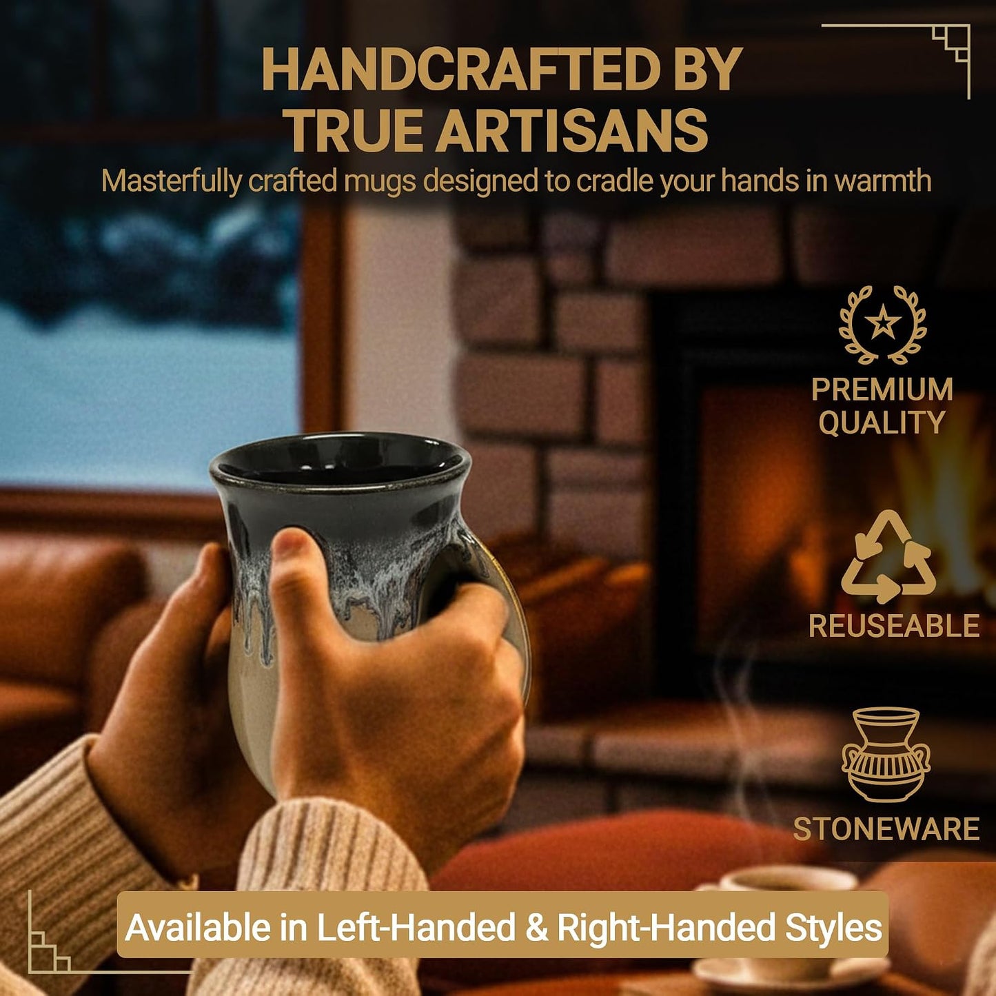Hand Warmer Coffee Mug – Handmade Coffee Mug With Comfortable Handle Contoured Pocket Hand Warming Ceramic Coffee Mug – Proudly Made in USA – Right Handed – 14 Oz - Cobalt Canyon