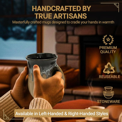 Hand Warmer Coffee Mug – Handmade Coffee Mug With Comfortable Handle Contoured Pocket Hand Warming Ceramic Coffee Mug – Proudly Made in USA – Right Handed – 14 Oz - Cobalt Canyon
