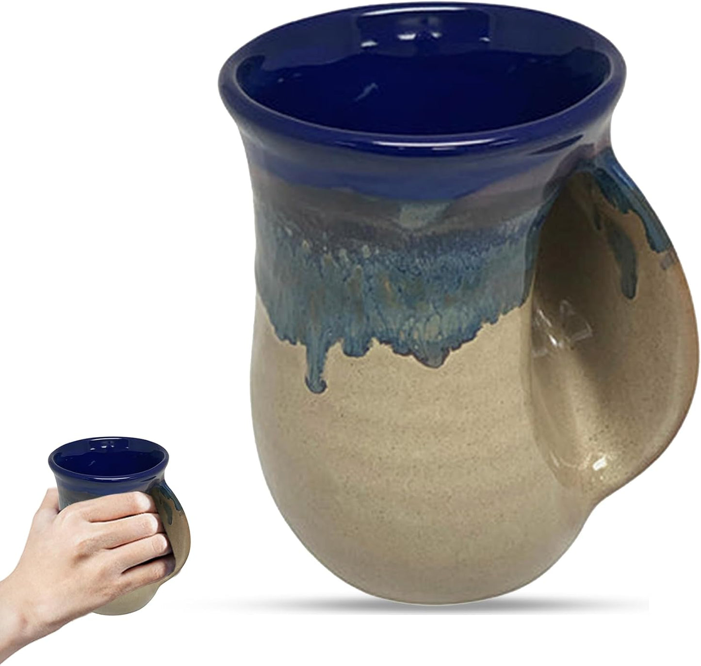 Hand Warmer Coffee Mug – Handmade Coffee Mug With Comfortable Handle Contoured Pocket Hand Warming Ceramic Coffee Mug – Proudly Made in USA – Right Handed – 14 Oz - Cobalt Canyon