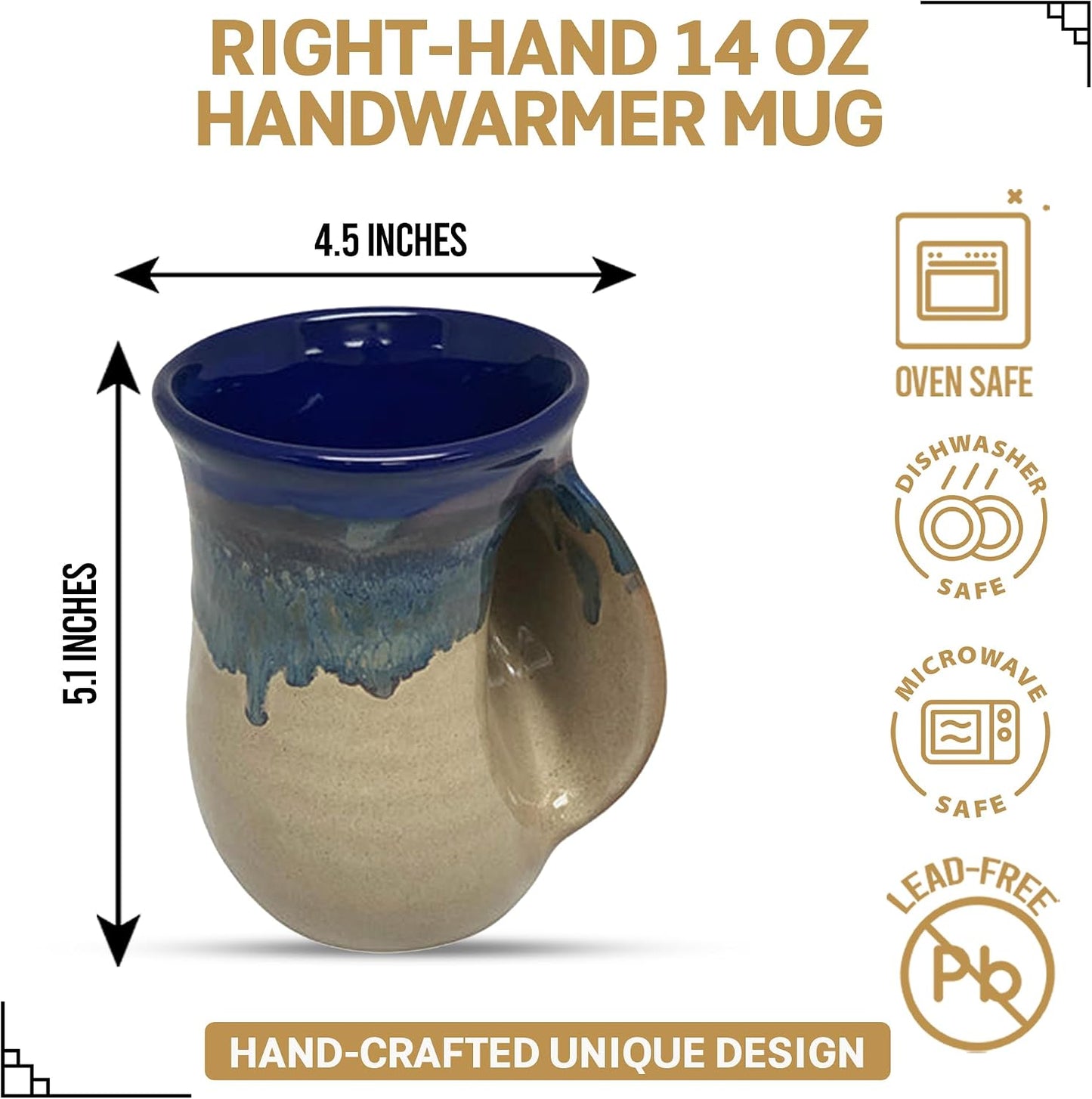 Hand Warmer Coffee Mug – Handmade Coffee Mug With Comfortable Handle Contoured Pocket Hand Warming Ceramic Coffee Mug – Proudly Made in USA – Right Handed – 14 Oz - Cobalt Canyon