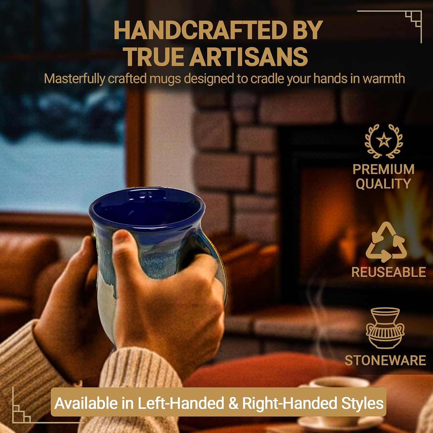 Hand Warmer Coffee Mug – Handmade Coffee Mug With Comfortable Handle Contoured Pocket Hand Warming Ceramic Coffee Mug – Proudly Made in USA – Right Handed – 14 Oz - Cobalt Canyon