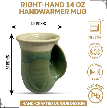 Hand Warmer Coffee Mug – Handmade Coffee Mug With Comfortable Handle Contoured Pocket Hand Warming Ceramic Coffee Mug – Proudly Made in USA – Right Handed – 14 Oz - Cobalt Canyon