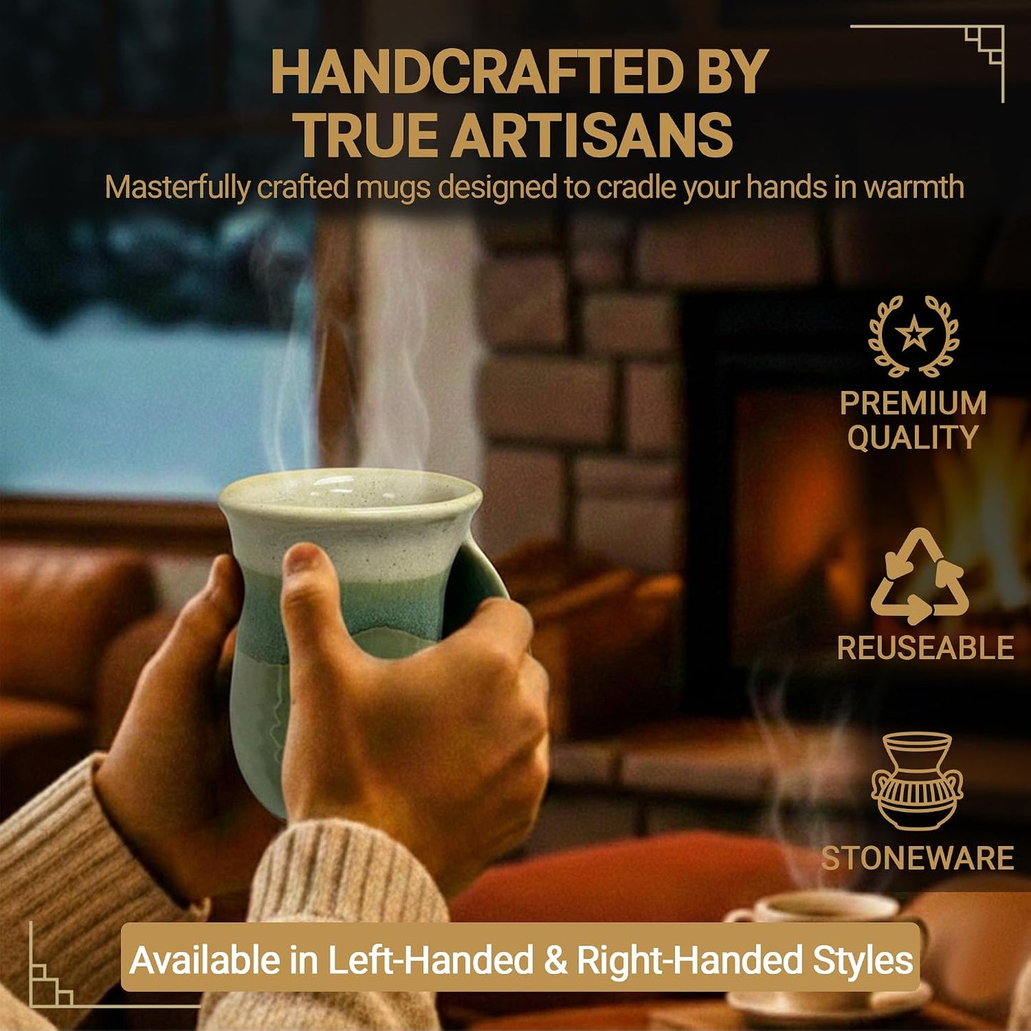 Hand Warmer Coffee Mug – Handmade Coffee Mug With Comfortable Handle Contoured Pocket Hand Warming Ceramic Coffee Mug – Proudly Made in USA – Right Handed – 14 Oz - Cobalt Canyon