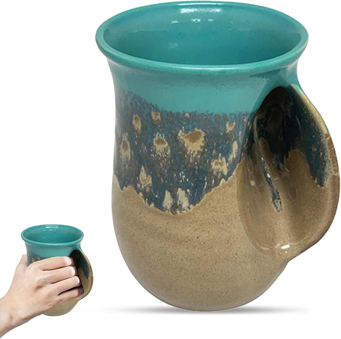Hand Warmer Coffee Mug – Handmade Coffee Mug With Comfortable Handle Contoured Pocket Hand Warming Ceramic Coffee Mug – Proudly Made in USA – Right Handed – 14 Oz - Cobalt Canyon