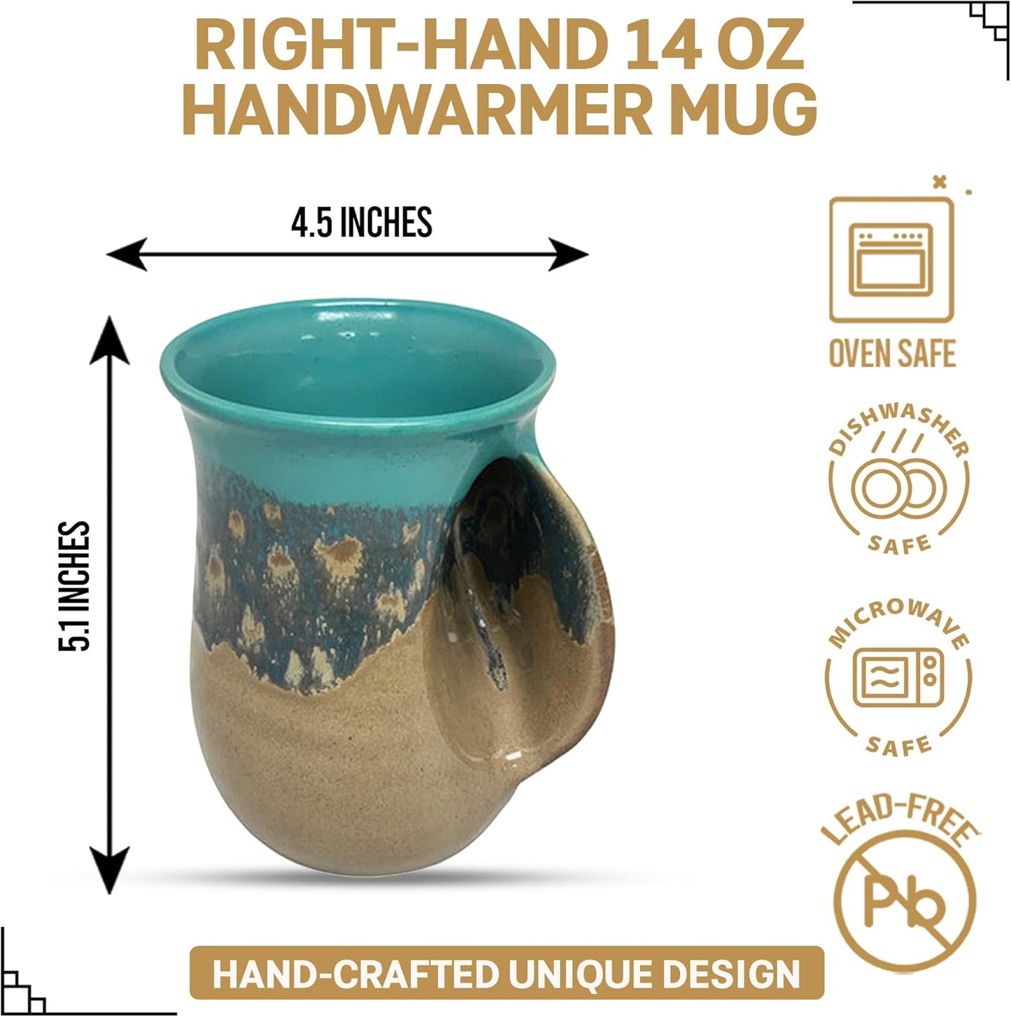 Hand Warmer Coffee Mug – Handmade Coffee Mug With Comfortable Handle Contoured Pocket Hand Warming Ceramic Coffee Mug – Proudly Made in USA – Right Handed – 14 Oz - Cobalt Canyon