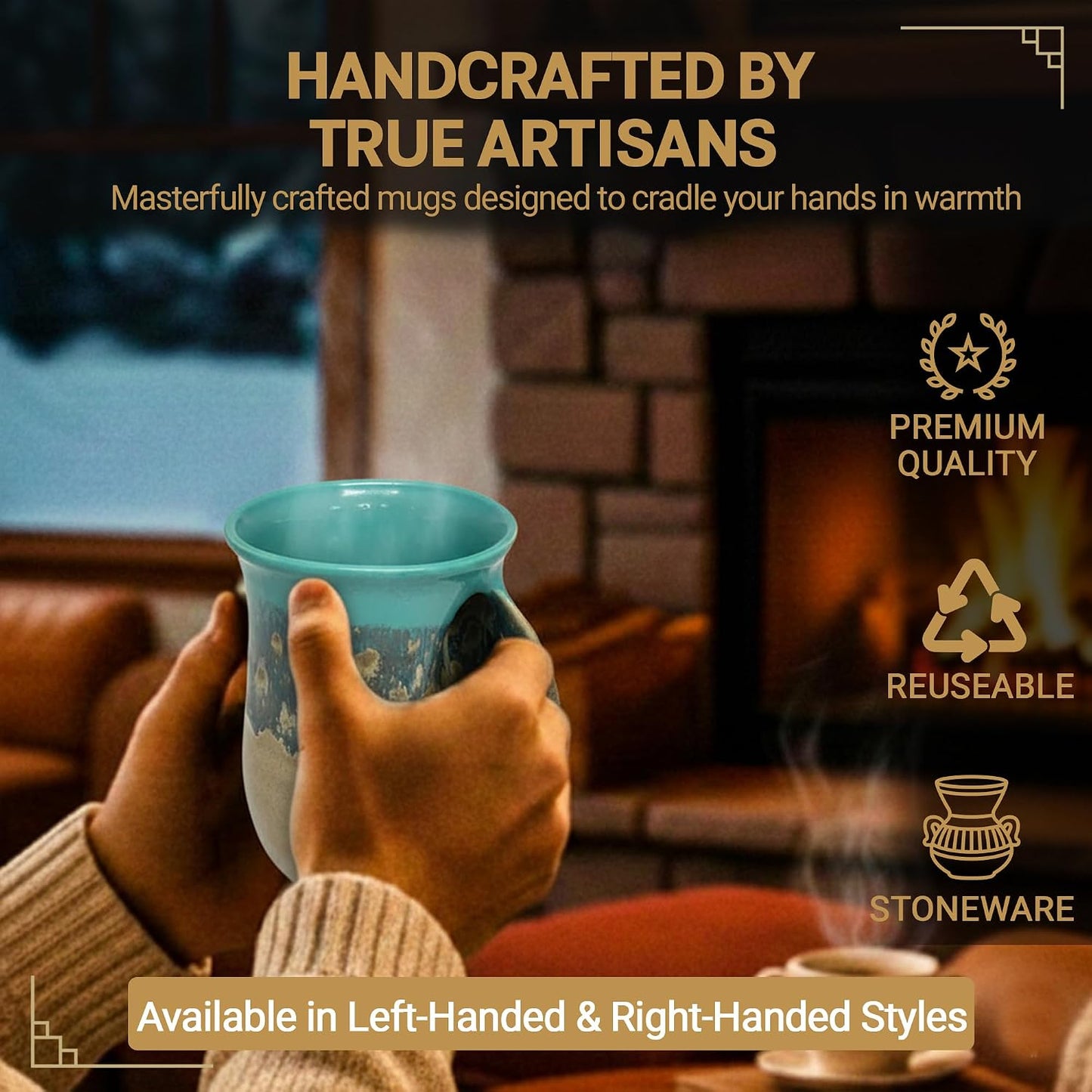 Hand Warmer Coffee Mug – Handmade Coffee Mug With Comfortable Handle Contoured Pocket Hand Warming Ceramic Coffee Mug – Proudly Made in USA – Right Handed – 14 Oz - Cobalt Canyon