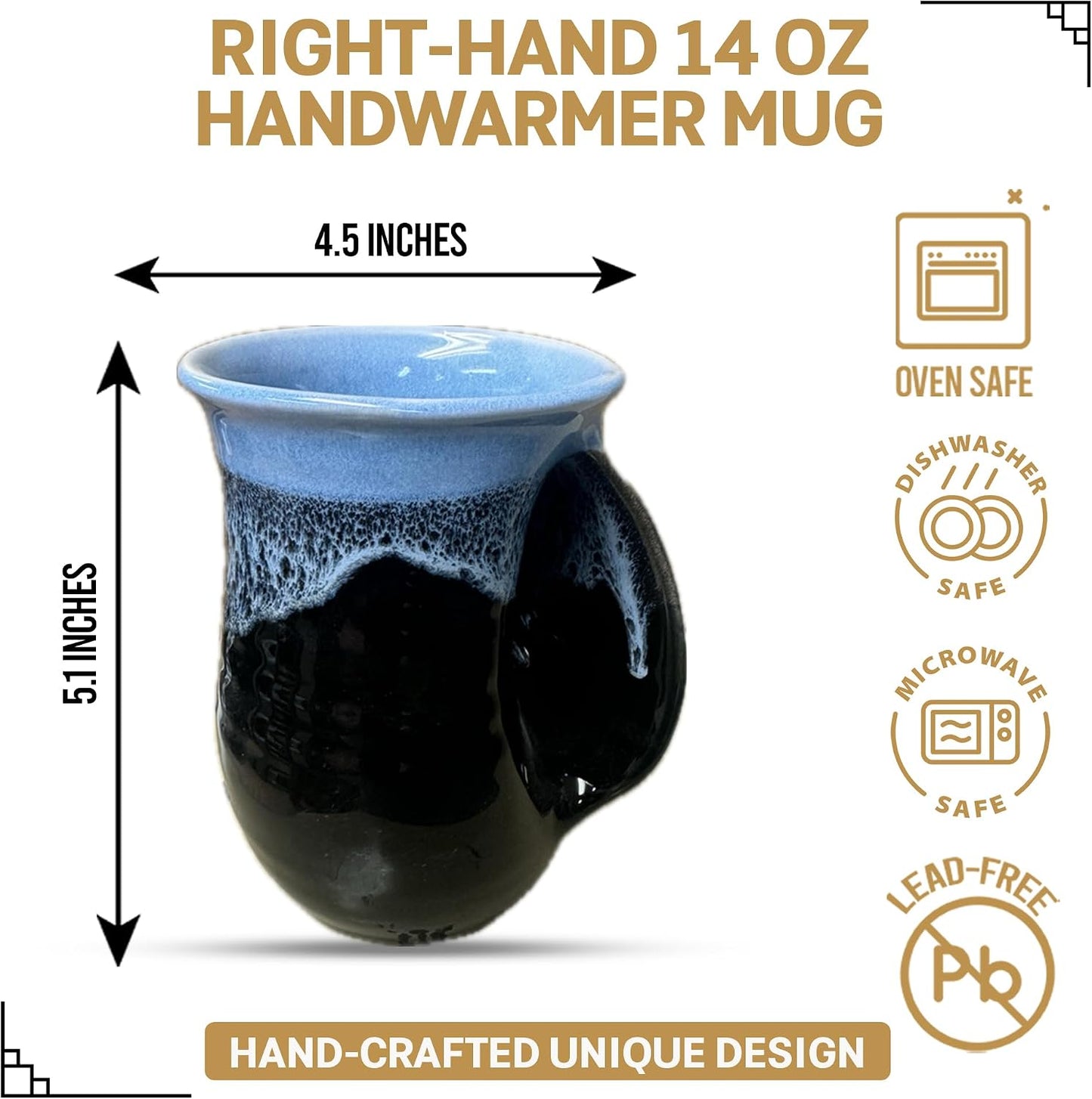 Hand Warmer Coffee Mug – Handmade Coffee Mug With Comfortable Handle Contoured Pocket Hand Warming Ceramic Coffee Mug – Proudly Made in USA – Right Handed – 14 Oz - Cobalt Canyon