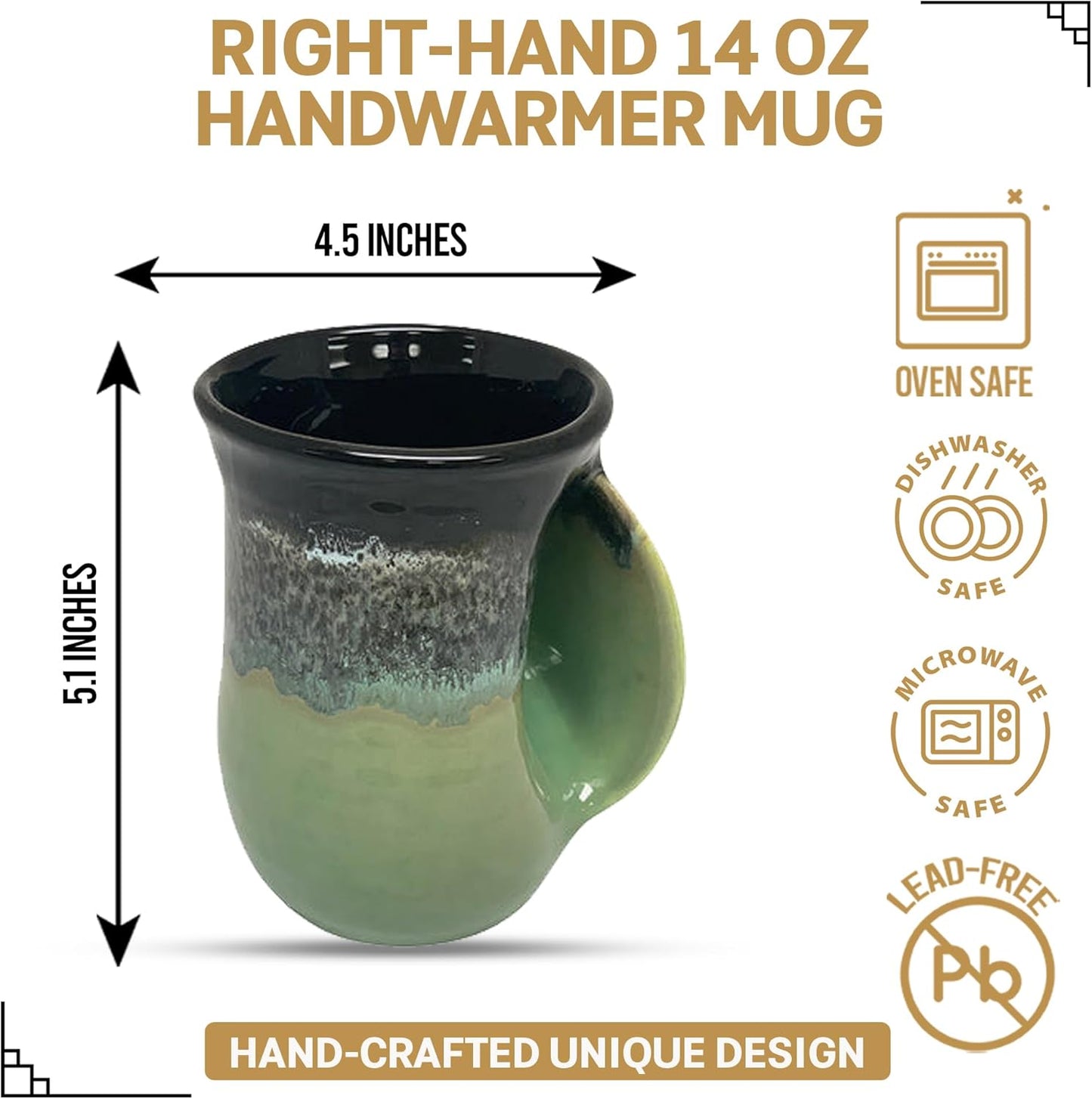 Hand Warmer Coffee Mug – Handmade Coffee Mug With Comfortable Handle Contoured Pocket Hand Warming Ceramic Coffee Mug – Proudly Made in USA – Right Handed – 14 Oz - Cobalt Canyon
