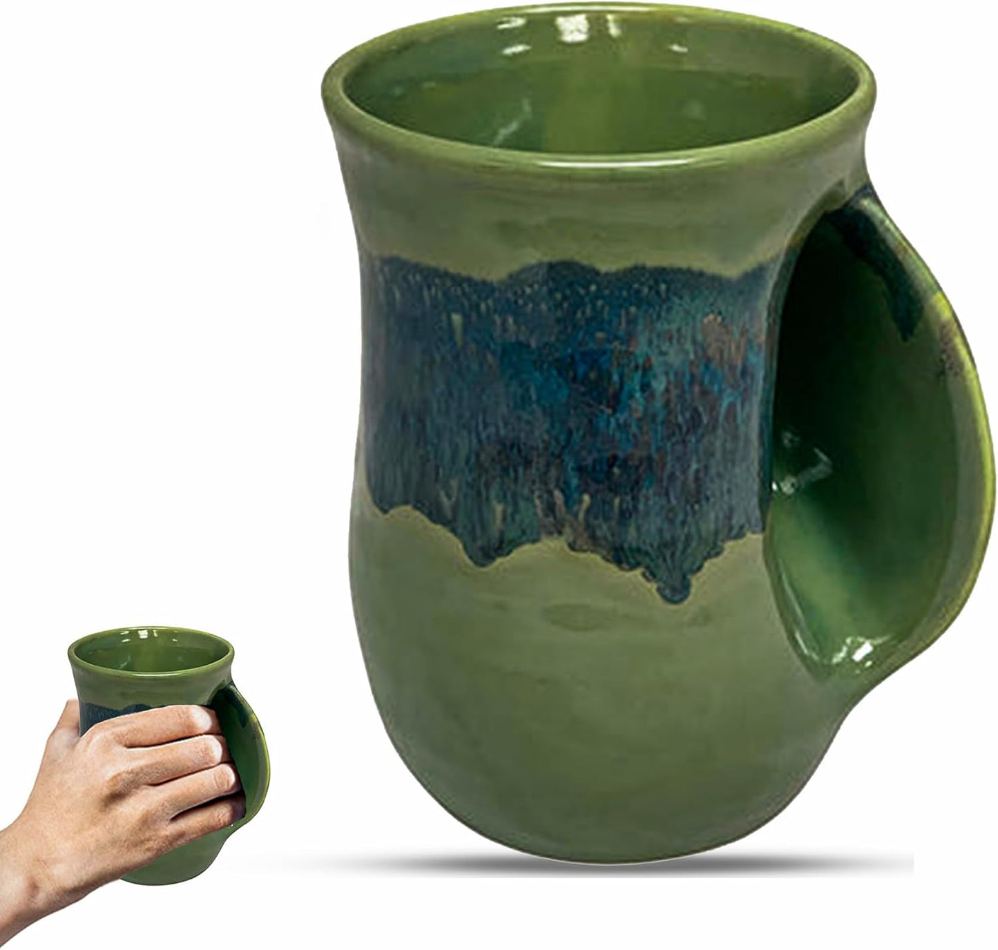 Hand Warmer Coffee Mug – Handmade Coffee Mug With Comfortable Handle Contoured Pocket Hand Warming Ceramic Coffee Mug – Proudly Made in USA – Right Handed – 14 Oz - Cobalt Canyon