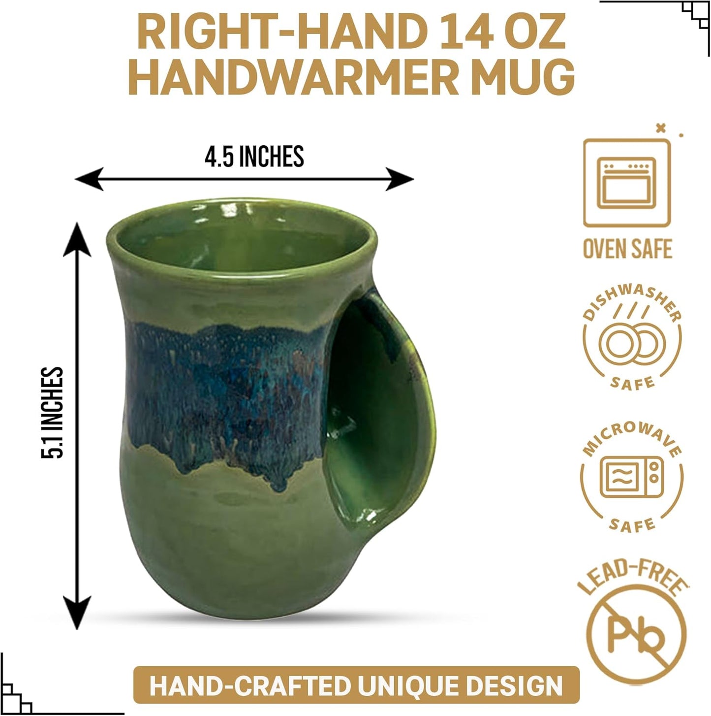 Hand Warmer Coffee Mug – Handmade Coffee Mug With Comfortable Handle Contoured Pocket Hand Warming Ceramic Coffee Mug – Proudly Made in USA – Right Handed – 14 Oz - Cobalt Canyon