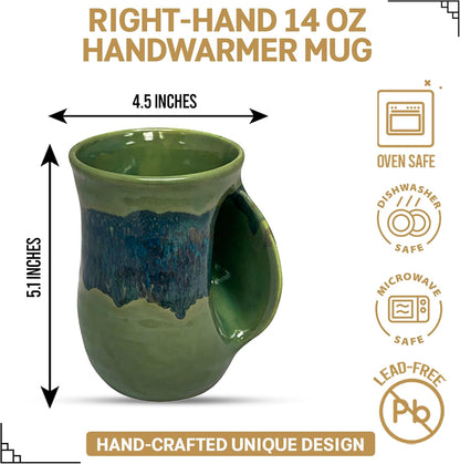 Hand Warmer Coffee Mug – Handmade Coffee Mug With Comfortable Handle Contoured Pocket Hand Warming Ceramic Coffee Mug – Proudly Made in USA – Right Handed – 14 Oz - Cobalt Canyon