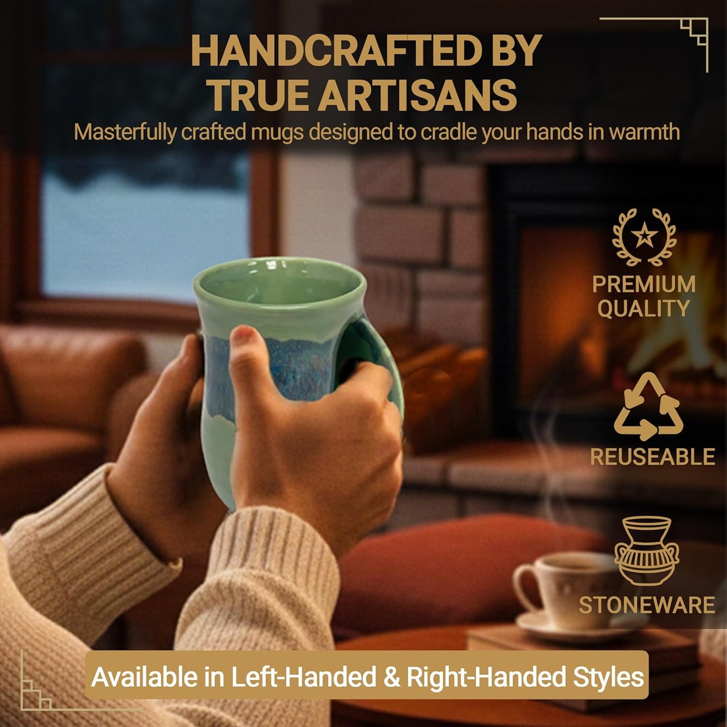 Hand Warmer Coffee Mug – Handmade Coffee Mug With Comfortable Handle Contoured Pocket Hand Warming Ceramic Coffee Mug – Proudly Made in USA – Right Handed – 14 Oz - Cobalt Canyon