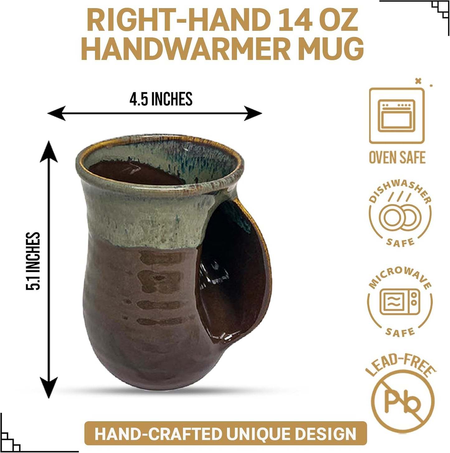 Hand Warmer Coffee Mug – Handmade Coffee Mug With Comfortable Handle Contoured Pocket Hand Warming Ceramic Coffee Mug – Proudly Made in USA – Right Handed – 14 Oz - Cobalt Canyon