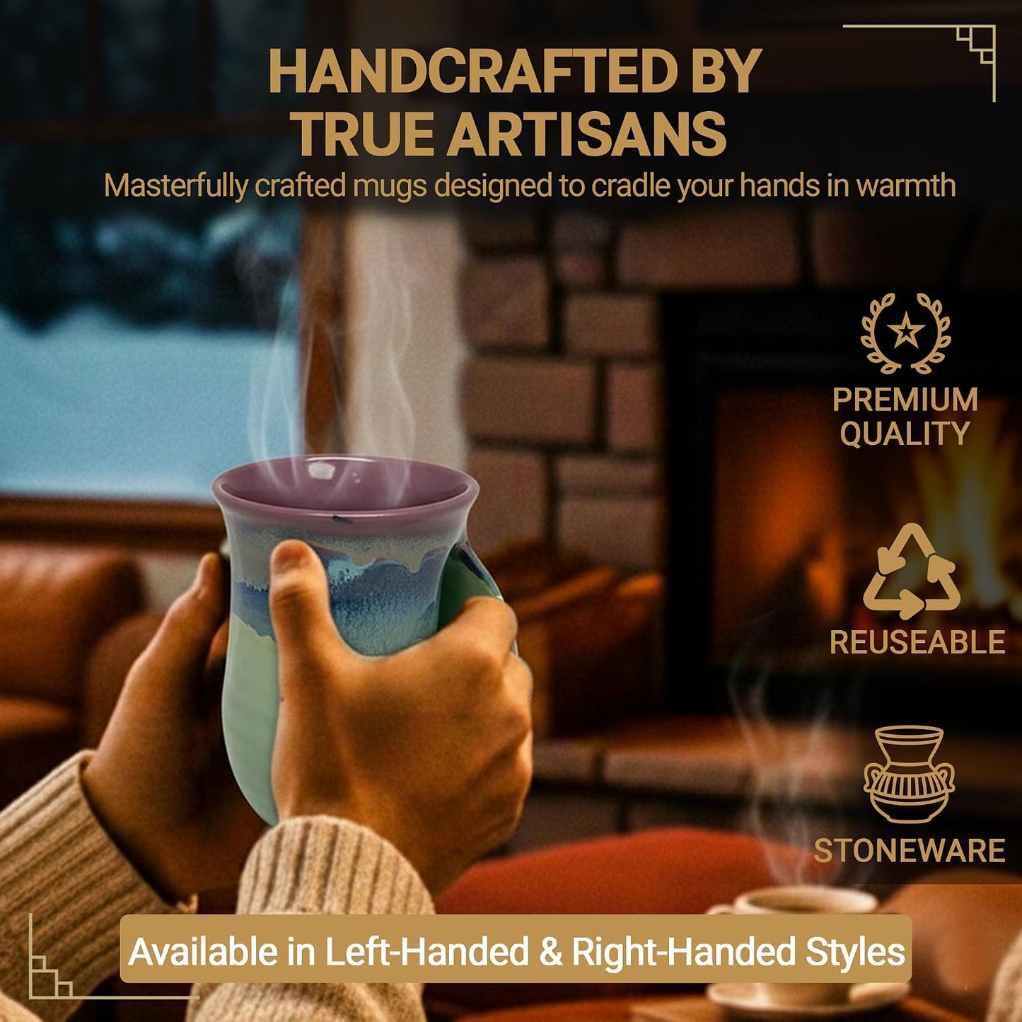 Hand Warmer Coffee Mug – Handmade Coffee Mug With Comfortable Handle Contoured Pocket Hand Warming Ceramic Coffee Mug – Proudly Made in USA – Right Handed – 14 Oz - Cobalt Canyon