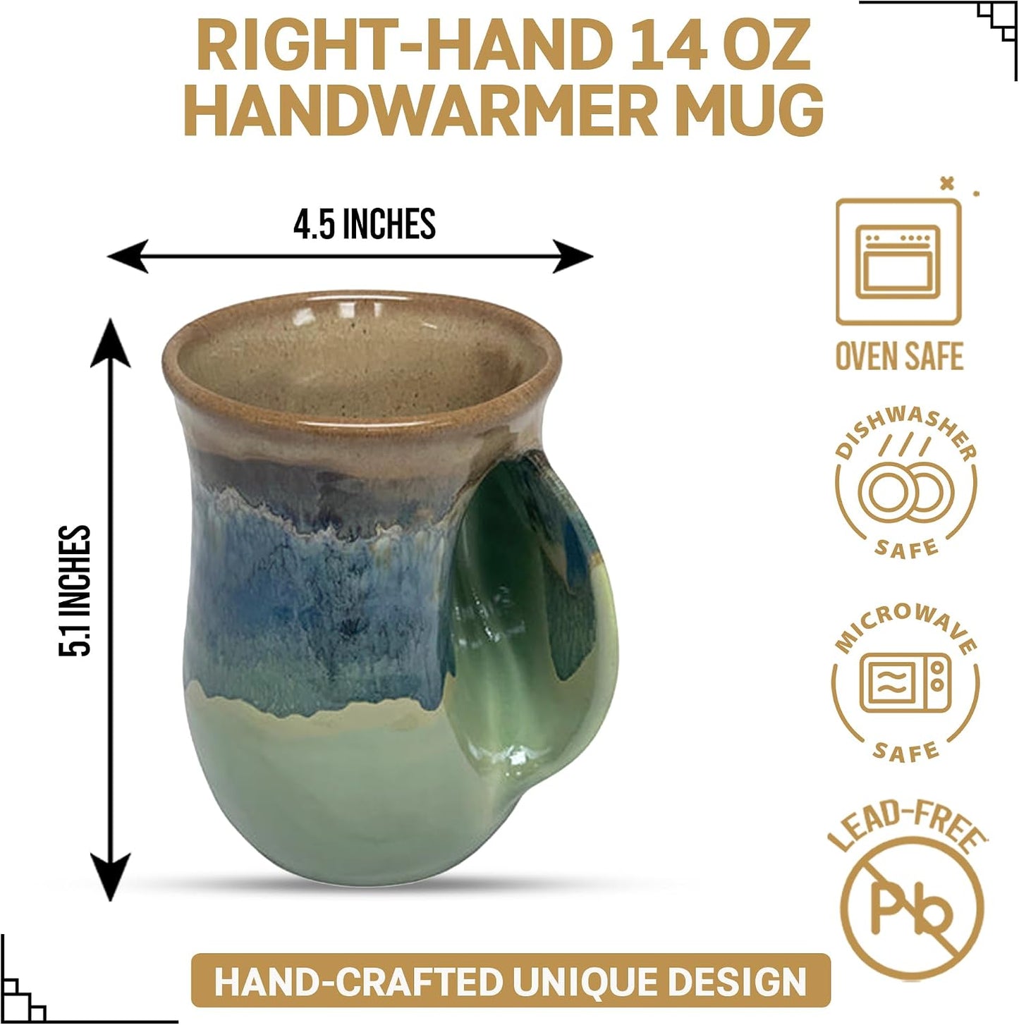 Hand Warmer Coffee Mug – Handmade Coffee Mug With Comfortable Handle Contoured Pocket Hand Warming Ceramic Coffee Mug – Proudly Made in USA – Right Handed – 14 Oz - Cobalt Canyon