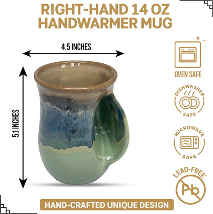 Hand Warmer Coffee Mug – Handmade Coffee Mug With Comfortable Handle Contoured Pocket Hand Warming Ceramic Coffee Mug – Proudly Made in USA – Right Handed – 14 Oz - Cobalt Canyon