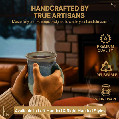 Hand Warmer Coffee Mug – Handmade Coffee Mug With Comfortable Handle Contoured Pocket Hand Warming Ceramic Coffee Mug – Proudly Made in USA – Right Handed – 14 Oz - Cobalt Canyon