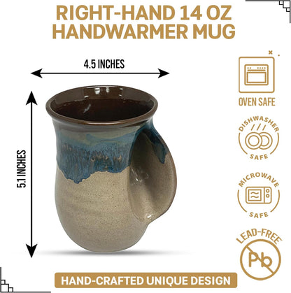 Hand Warmer Coffee Mug – Handmade Coffee Mug With Comfortable Handle Contoured Pocket Hand Warming Ceramic Coffee Mug – Proudly Made in USA – Right Handed – 14 Oz - Cobalt Canyon