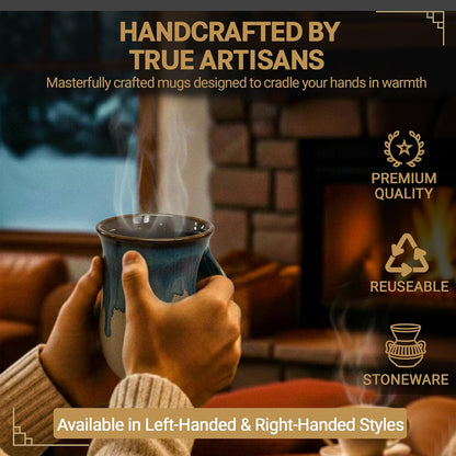 Hand Warmer Coffee Mug – Handmade Coffee Mug With Comfortable Handle Contoured Pocket Hand Warming Ceramic Coffee Mug – Proudly Made in USA – Right Handed – 14 Oz - Cobalt Canyon