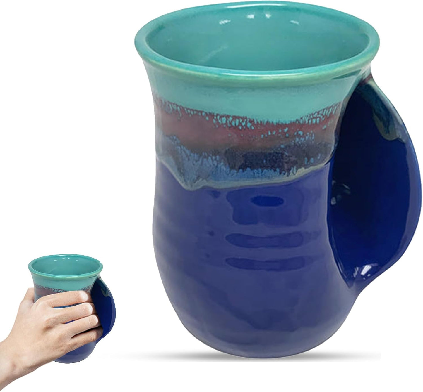Hand Warmer Coffee Mug – Handmade Coffee Mug With Comfortable Handle Contoured Pocket Hand Warming Ceramic Coffee Mug – Proudly Made in USA – Right Handed – 14 Oz - Cobalt Canyon