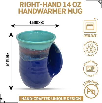Hand Warmer Coffee Mug – Handmade Coffee Mug With Comfortable Handle Contoured Pocket Hand Warming Ceramic Coffee Mug – Proudly Made in USA – Right Handed – 14 Oz - Cobalt Canyon